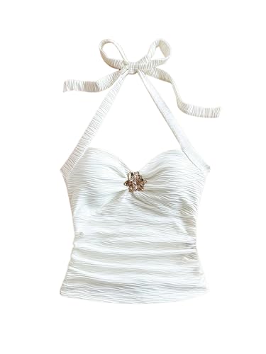 SOLY HUX Women's V Neck Halter Tops Open Back Y2k Ruched Floral Metal Summer Going Out Cami Tops Solid White Small