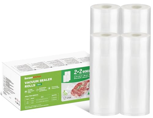 Bonsenkitchen Bolsas Envasar al Vacio Alimentos, 2 Rollos 20 x 500cm+2 Rollos 28 x 500cm, para Conservación de Alimentos al Vacío y Cocción Sous Vide, Sin BPA, VB42