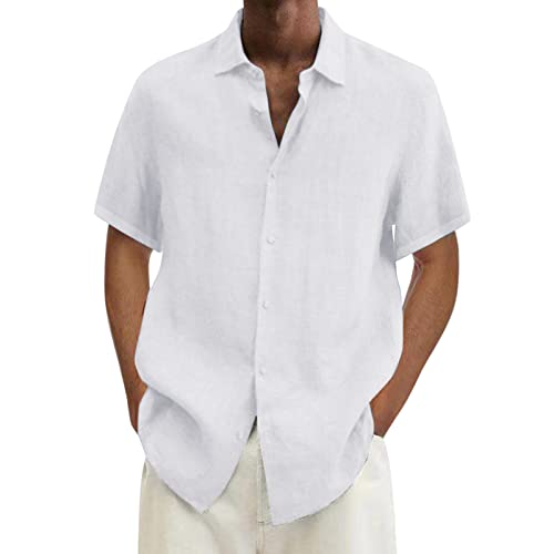 Chemise Homme été Hawaii Solide Chemise à Manches Courtes Double Poche col Rabattu Bouton Chemise (White, XL)