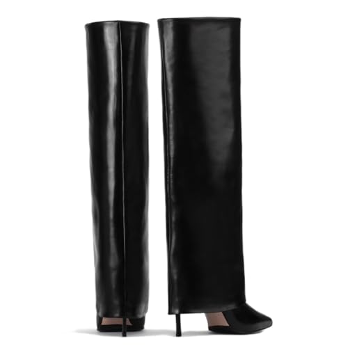Fold Over Boots For Women - Long Knee High Stiletto Heel Pointed Toe Dress Pull On Tall Boots4
