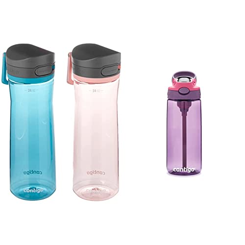 Contigo 2144909 Water Bottle, 24oz, Juniper & Pink Lemonade & Kids Water Bottle with Redesigned AUTOSPOUT Straw, 20 oz., Eggplant & Punch