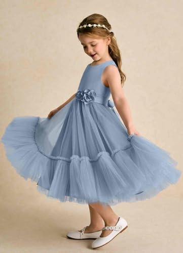 A-Line Princess Tea-Length Satin Bodice Ruffled Tulle Skirt Flower Girl Scoop Neck Pageant Junior Bridesmaid Dresses2