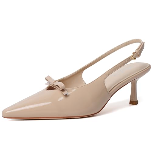 Image of Mostrin Kitten Heels for Women Pointed Toe Pumps Patent Leather Low Heel Slingback Heels with Buckle Dress Shoes for Dating Party Working