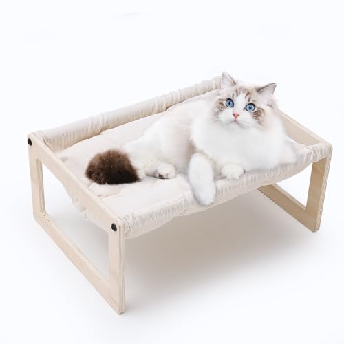 BsBsBest Cat Bed, 22 X 16 Inch Elevated Wooden Pet Hammock Breathable Dog Bed Detachable Portable Indoor Outdoor Cat Beds for Kitty Puppy Bunny Rabbit Small Animal with Padded Cotton