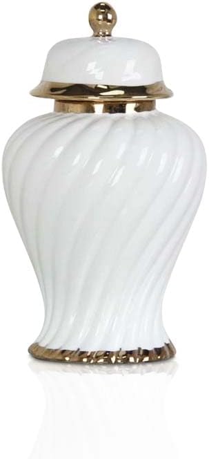 Ceramic Ginger Jar with Spiral Texture & Gold Trim, 4.72x4.72x8.27 Inch Decorative Vase with Lid, White & Gold Storage Canister for Home Office, 1.32 lb