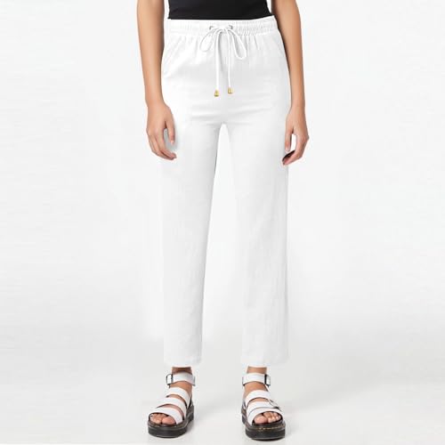 midelxp Cotton Linen Pants Women Summer Lightweight Drawstring Waist Lounge Pants Straight Leg Slim Fit Comfy Work Trousers2