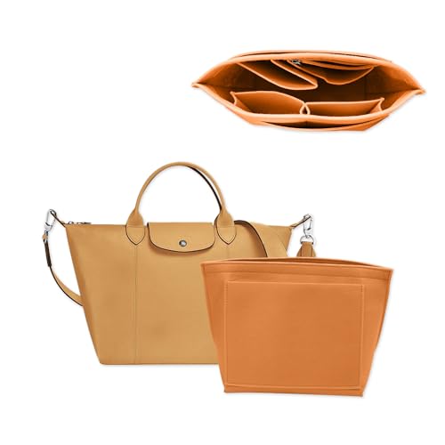 Chispee Felt Purse Organizer Insert Luxury Handbag Organizers for Longchamp Divider Pocket & Zipper Inner Bag Liner fit Small, Sun Orange