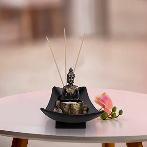 Belle Vous Sitting Buddha Candle and Incense Stick Holder in Zen Garden Tray - Natural Stone Rocks, Tea light Holder and Mini Statue - Table Top Ornament For Gift, Home Decor & Office