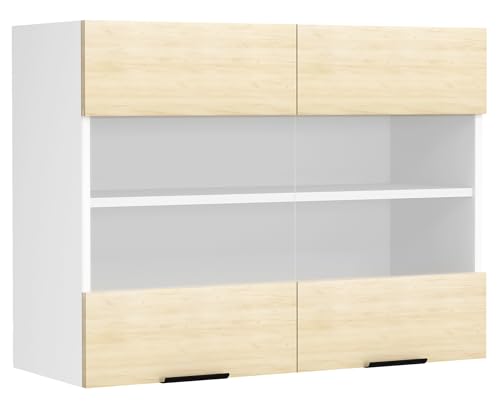 Küchenschrank hängend, Maße ca. H. 60 x B. 80 x T. 31 cm, Hängeschrank mit zwei Drehtüren, Küchenschrank mit Glas, Küchenmöbel – Fasola