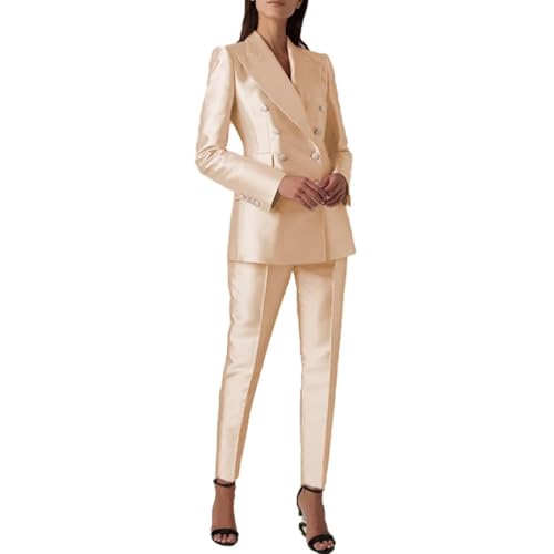 Satin Suit Women Two Piece Outfits Blazer Jacket and Pants Business Fashion Suit Sets (Blazer+Pants)(Champagne,4)