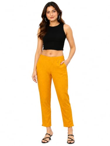Image of Yash Gallery Women's Regular Fit Mid Rise Solid Cotton Slub Ankle Length Regular Trouser Pant