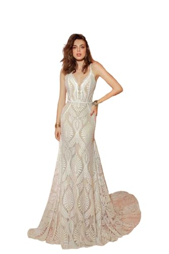 Bohemian Beach Wedding Dress Spaghetti Straps Lace Mermaid Bridal Gown