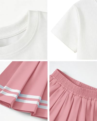 Image of Betusline Girls Skirt Set JK School Uniform 2-Piece Outfit - Short Sleeve & Webbing Solid Skirt,Letter Print,Pink,6-7Years= Tag 130