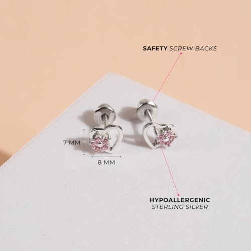 925 Sterling Silver 4mm Heart & Flower Screw Back Earrings for Children with Pink Cubic Zirconia Stones - For Little Girls, Toddlers & Preteens4