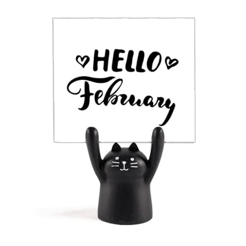 Support de mémo Hello February chat noir : porte-carte et pince-note design