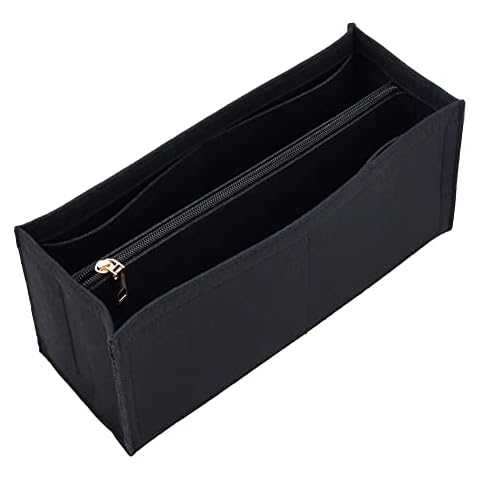 WADORN Felt Bag Organizer Insert for Handbag, Purse Organizer Insert with Zipper Tote Bag Liner Shaper Bag in Bag Portable Pocket Inside for Onthego LV Neverfull Graceful Coach Bag, Medium, Black Cover