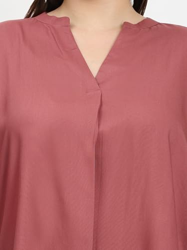 Image of SINDOORI Relaxed Fit Tops for Women Plus Size Solid Printed Mandarin Collar, Band Collar, V-Neck Top, Half Sleeve Loose Fit