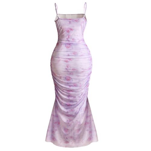 Image of Women's Floral Ruched Bodycon Midi Dress Sleeveless Mesh Fishtail Slip Dresses