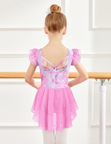 Image of Arshiner Girls Shiny Ruffle Sleeve Ballet Leotard with Skirt Criss-Cross Back Dance Dresses