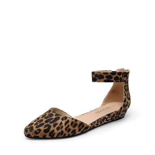 DREAM PAIRS Women's Low Wedge Round Toe Ankle Strap Dress Comfortable Casual Flats Shoes 5.5 Leopard-suede