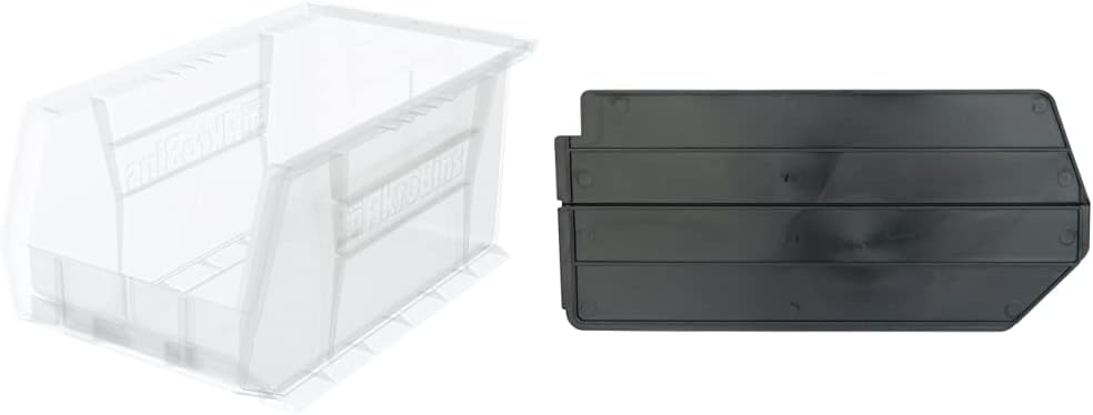 Akro-Mils 30240 AkroBins Plastic Storage Bin Hanging Stacking Containers, (15-Inch x 8-Inch x 7-Inch), Clear, (12-Pack) & 40245 Lengthwise Plastic Divider, Black, (6-Pack)