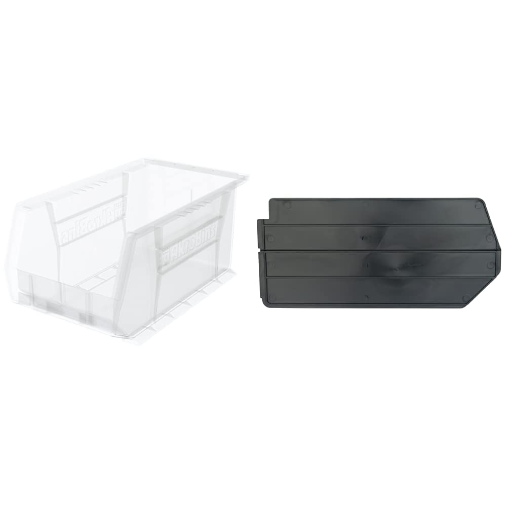 Akro-Mils 30240 AkroBins Plastic Storage Bin Hanging Stacking Containers, (15-Inch x 8-Inch x 7-Inch), Clear, (12-Pack) & 40245 Lengthwise Plastic Divider, Black, (6-Pack)