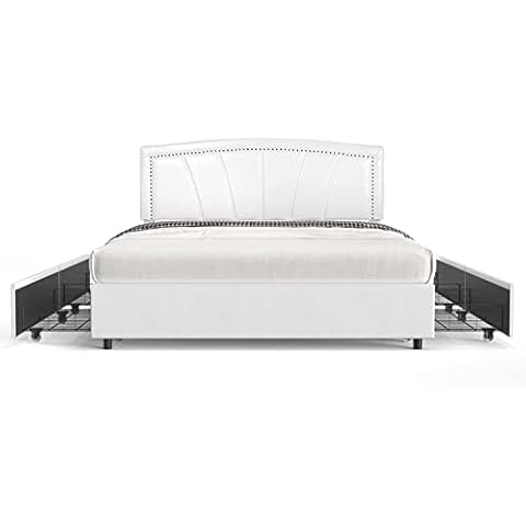 BONSOIR Full Size Storage Bed Frame Upholstered Low Profile Traditional Platform with Tufted and Nail Headboard/No Box Spring Needed/4 Pull Out Drawers/White Faux Leather Cover