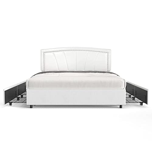 Bonsoir Full Size Storage Bed Frame Upholstered Low Profile Traditional Platform With Tufted And Nail Headboard/No Box Spring Needed/4 Pull Out Drawers/White Faux Leather #TOP4