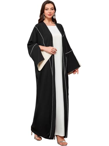 MedeShe Women's Loose Black Floral Beading Draped Open Kimono Abaya Cardigan Jalabiya