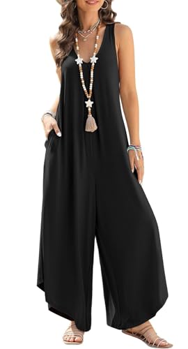 Arevill Mono para mujer, de verano, largo, elegante, moderno, estilo hawaiano, vacaciones, playa, cuello en V, pantalón suelto, con bolsillos, Negro , L