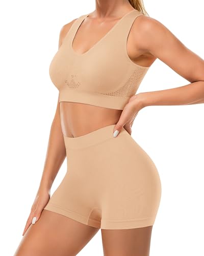 MIOTAN Women's 2 Piece Underwear and Bras Sets Sports Sleeping Lingerie Matching No Underwire Wireless Boy Shorts, Beige, L