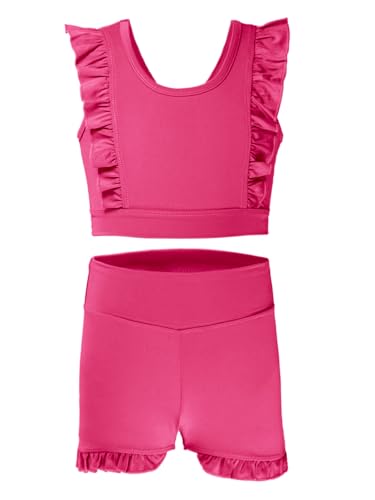 Girls 2 Piece Outfits Athletic Ruffle Short Sets Training Bra Crop Tank with High Waisted Dance Shorts 3-10Years