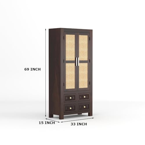 Image of PS DECOR Solid Sheesham Wood Book Shelf Cabinet with Cane Rattan Doors & 4 Drawers | Modern Wooden Bookshelf Storage Unit for Home Library, Living Room & Office (Walnut Finish)