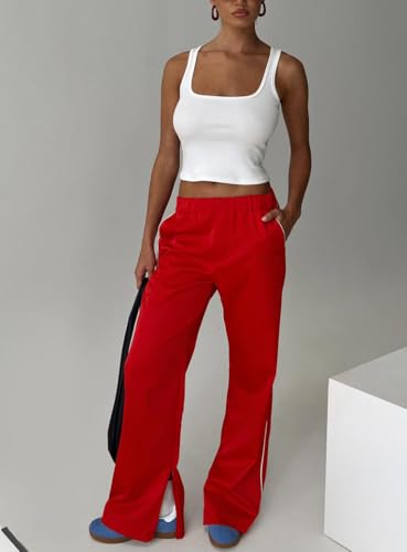 Women Solid Color Loose Pants Elastic Waist Classic Basic Casual Trousers Preppy Side Line Design with Pockets3