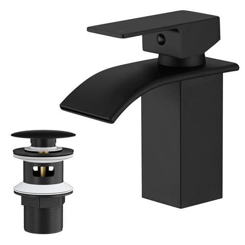 BESy Waterfall Spout Bathroom Sink Mixer Taps Single Handle Basin Mixer Tap Lavatory Vessel Faucet Stainless Steel Matte Black Vanity Tap
