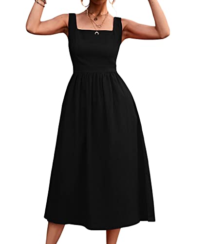 Image of xxxiticat Women's Square Collar Casual Dress Sleeveless Pleated A-Line Summer Beach Boho Elegant Backless Midi Dress