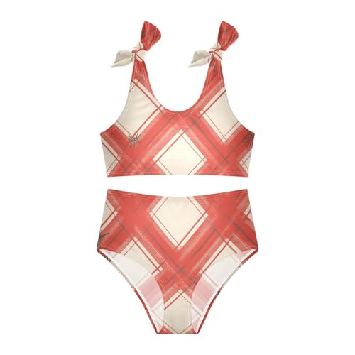 KLL Red Cream Buffalo Plaid Tartan Check Scotland Merry Christmas Girl Two Piece Bikini Set Beach Swimsuit Swimwear Cute3