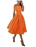  BessDress Schulterfreies Brautjungfernkleid mit Taschen, A-Linie, Midi-Heimkehrkleid, Satin-Cocktailkleid, BS234, A-Orange, 36