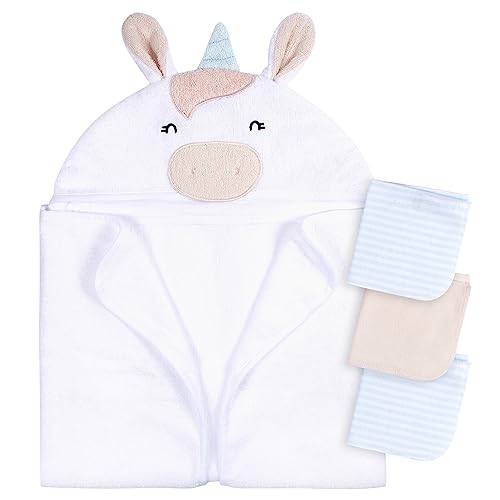 Image of Gerber Baby 4 Piece Animal Character Hooded Towel and Washcloth Set, White Unicorn, One Size