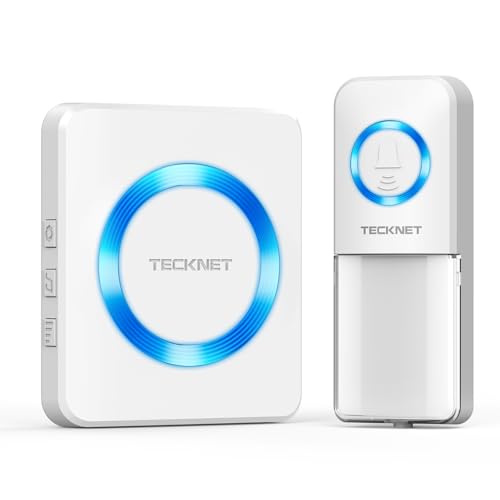 TECKNET Wireless Doorbell IP65 Waterproof Plug in Doorbell with Battery Operated Push Button Door Bells Wireless Cordless Door Chime Kit up to 400m Long Range 60 Chimes and Blue LED Flash(White)