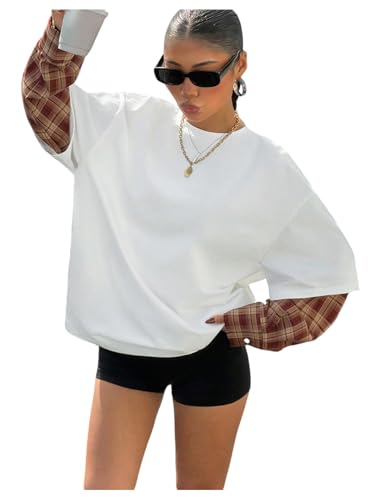 SweatyRocks Women's Y2k Plaid Oversized Tshirts Grunge Long Sleeve Crewneck