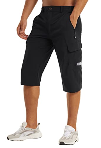 BIYLACLESEN Capri Shorts for Men Gym Shorts 3/4 Jogger Pants Breathable Below Knee Pants Jogger Pants for Men with Zipper Pockets 3/4 Running Pants Black