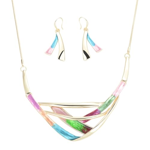 Retro Women's Crystal Floral Petal Leaf Chunky Statement Necklace and Earrings Set Party Jewelry