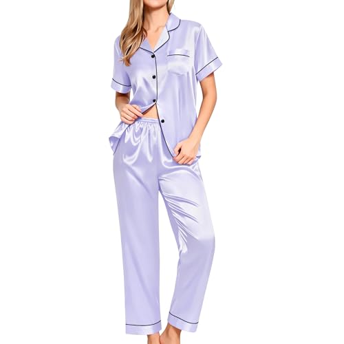 Image of SWOMOG Women Satin Pajamas Set Short Sleeve Top & Pants Sleepwear Silky Button Down Nightwear 2pcs Loungewear Pjs Set