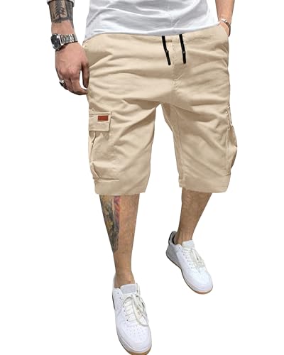 YAOHUOLE Kurze Hosen Herren Cargohose Kurz Herren Sommer Cargo Shorts Herren Baumwolle Chino Shorts Herren Beige 2XL