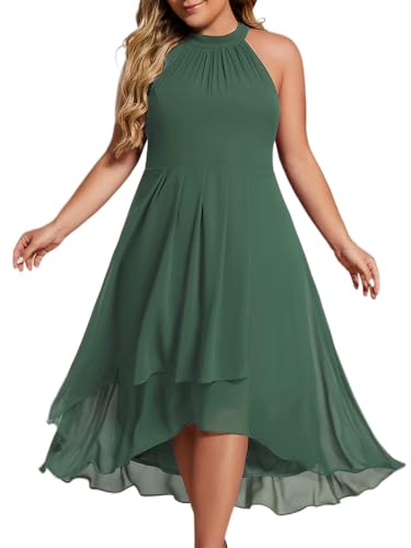 Image of Ever-Pretty Plus Women's Sleeveless Halter A Line Pleated High Low Plus Size Wedding Guest Cocktail Dresses 31926-DA