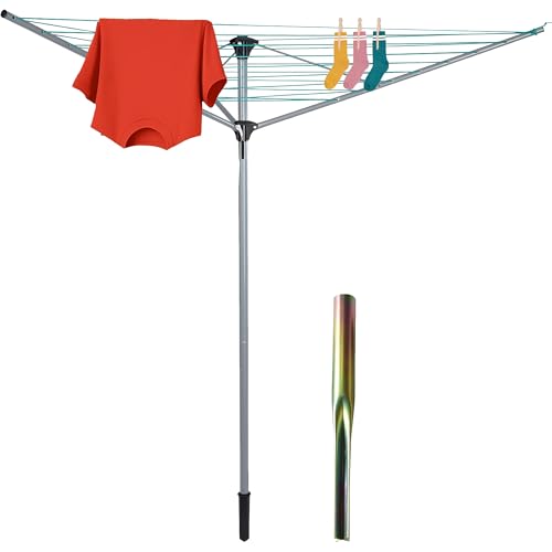 Meown Rotary Washing Line with Ground Spike, 3 Arm Heavy Duty Outdoor Clothes Airer, 40M Whirligig Garden Dryer, Adjustable Height, Windproof & Easy to Open and Close for Garden & Laundry Drying