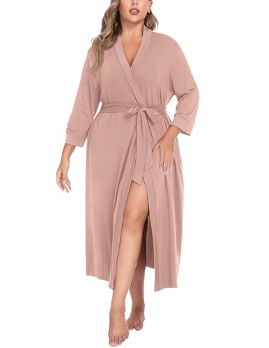 Image of IN'VOLAND Womens Plus Size Kimono Robes Long Knit Bathrobe V Neck Ladies Loungewear Lightweight Soft Sleepwear 1X-5X