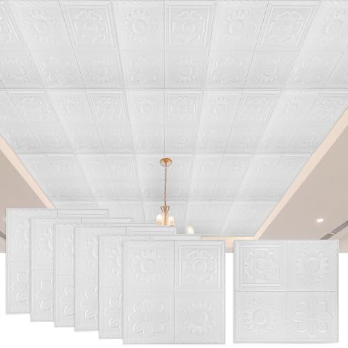 Nuanchu 20 Pcs Foam Drop Ceiling Tiles Peel and Stick White 3D Wall Panels, 26-105.5 Sq. ft Adhesive...