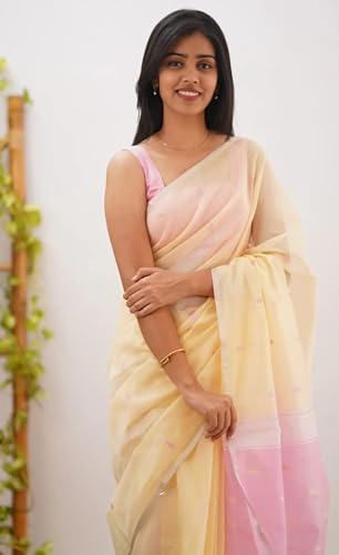 Image of Women's Cotton Woven Soft Sarees With Attach Blouse Piece.